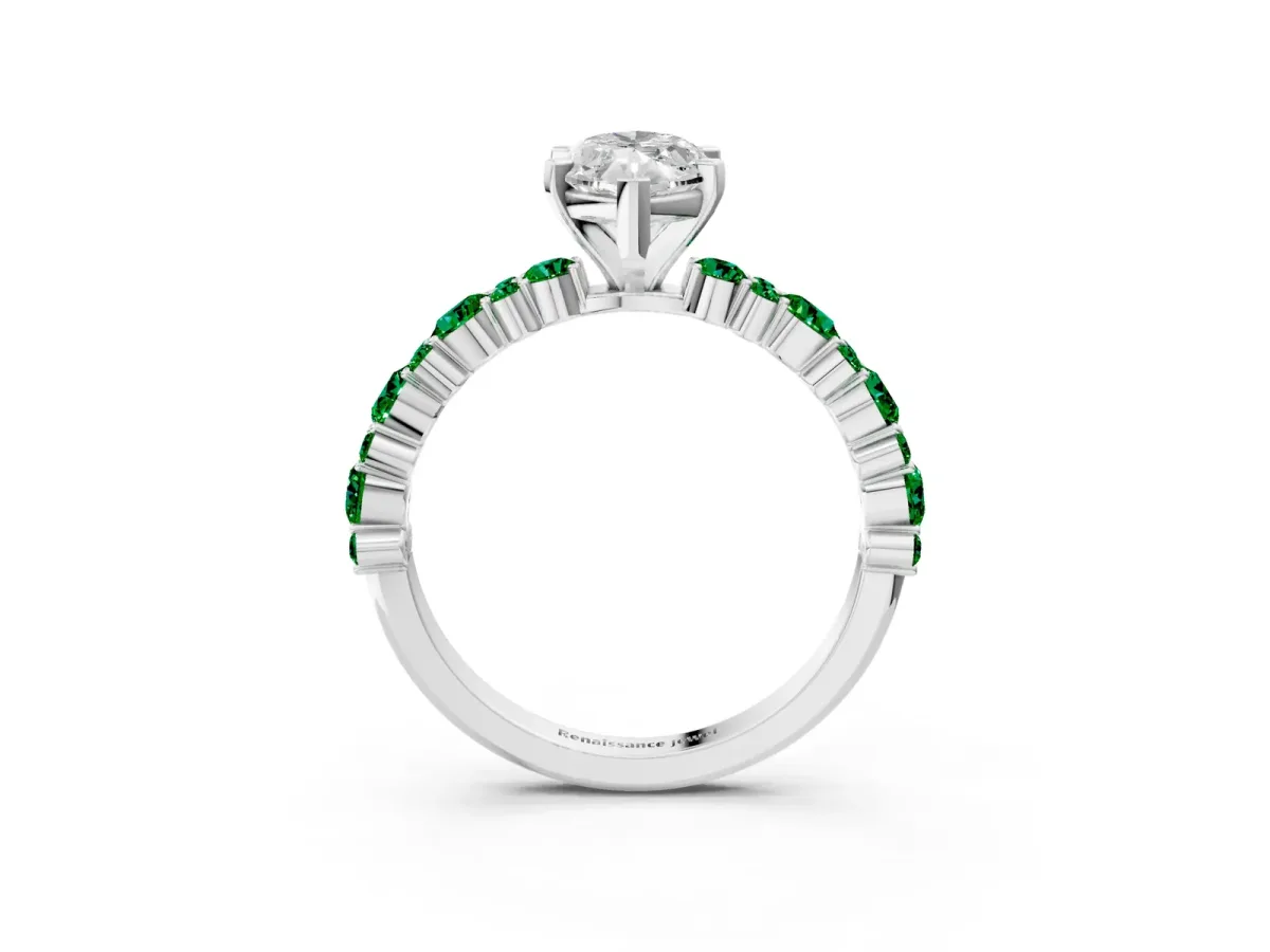 Marquise Cut Diamond Side Stone Solitaire Ring with Round Emerald and Four-Prong Setting Platinum