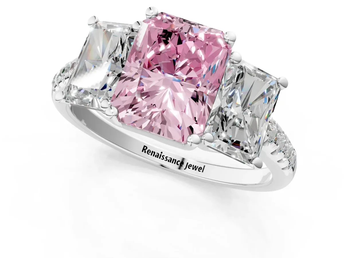 Fancy Pink Three-Stone Radiant Cut Diamond Ring with Round Pavé Band and Prong Setting Platinum