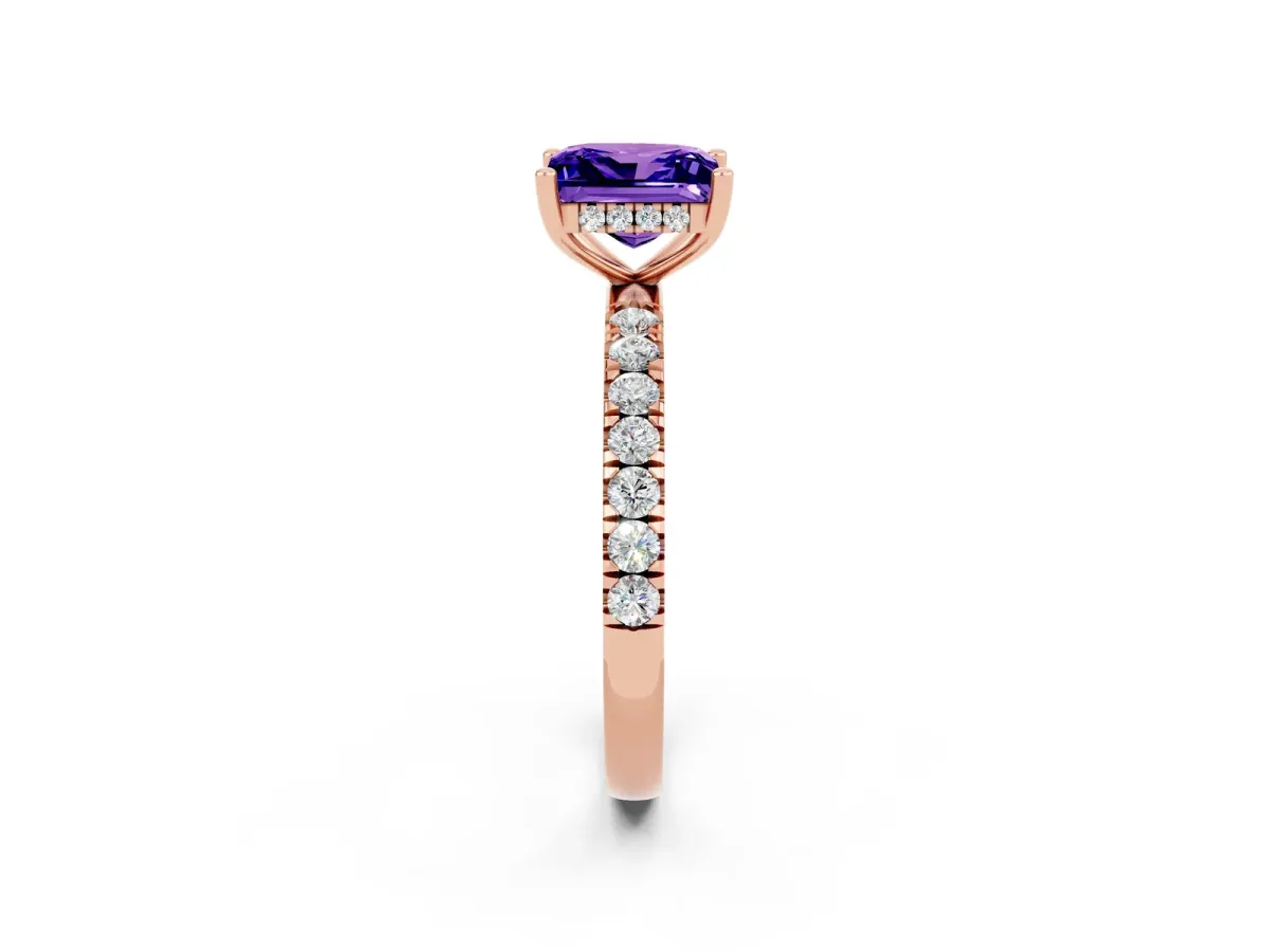 Princess Cut Tanzanite Pave Band Solitaire Ring with Round and Prong Setting Rose gold