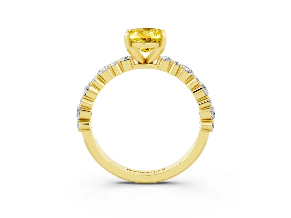 Oval Cut Yellow Sapphire Side Stone Solitaire Ring with Round and Four-Prong Setting Yellow gold