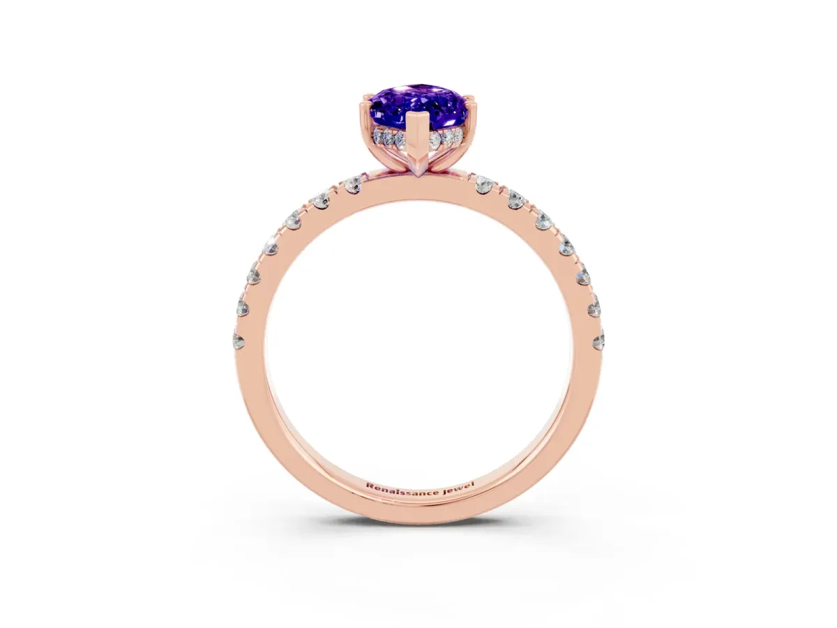 Marquise Cut Tanzanite Pave Band Solitaire Ring with Round and Prong Setting Rose gold