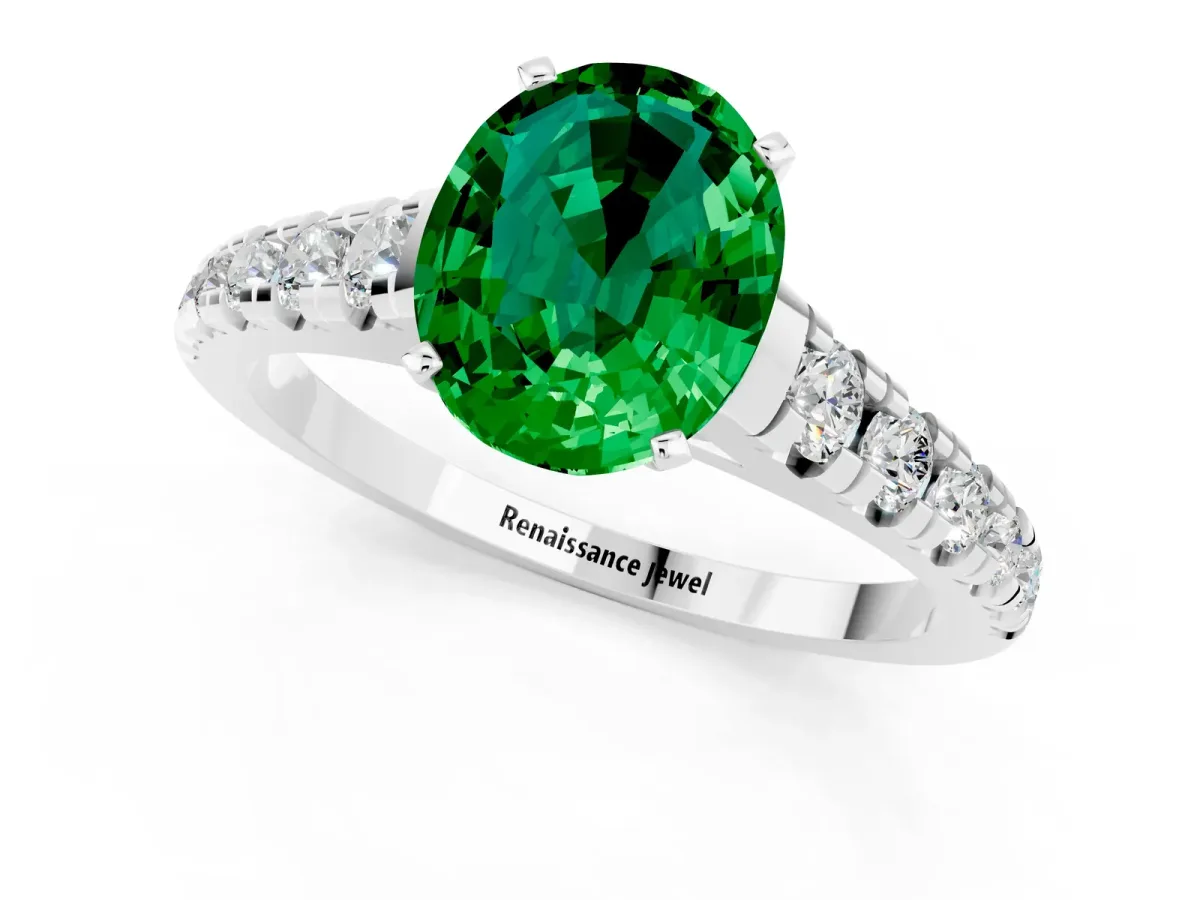 Oval Cut Emerald Cathedral Solitaire Ring with Round Pavé Band Silver
