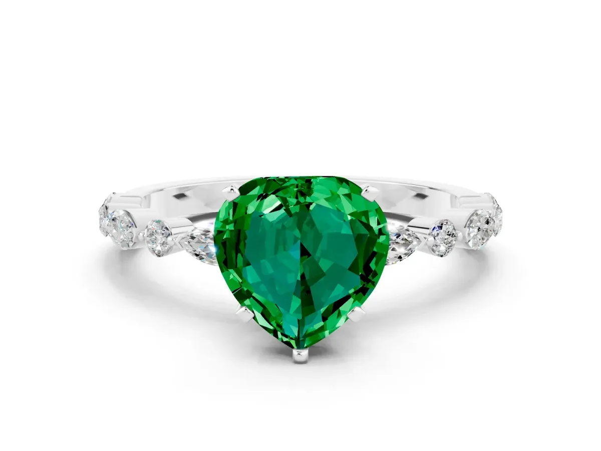 Heart Cut Emerald Ring with Marquise and Round Side Stones and Four-Prong Setting Platinum