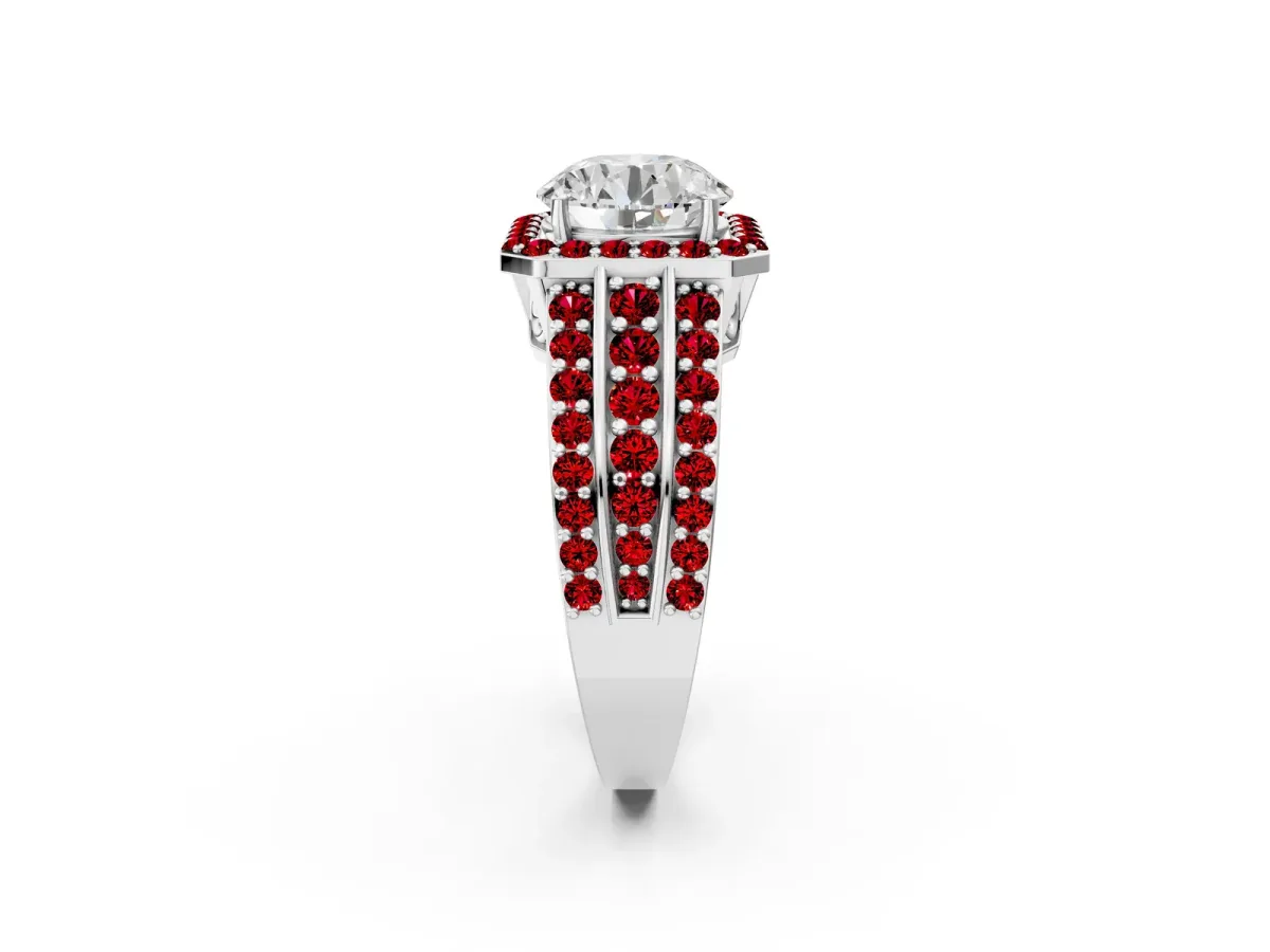 Round Cut Halo Diamond Ring with Round Ruby Split Shank and Prong Setting Platinum