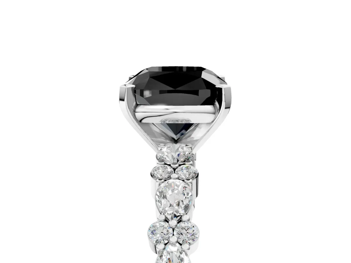 Fancy Black Cushion Cut Diamond Side Stone Solitaire Ring with Round and Four-Prong Setting Platinum