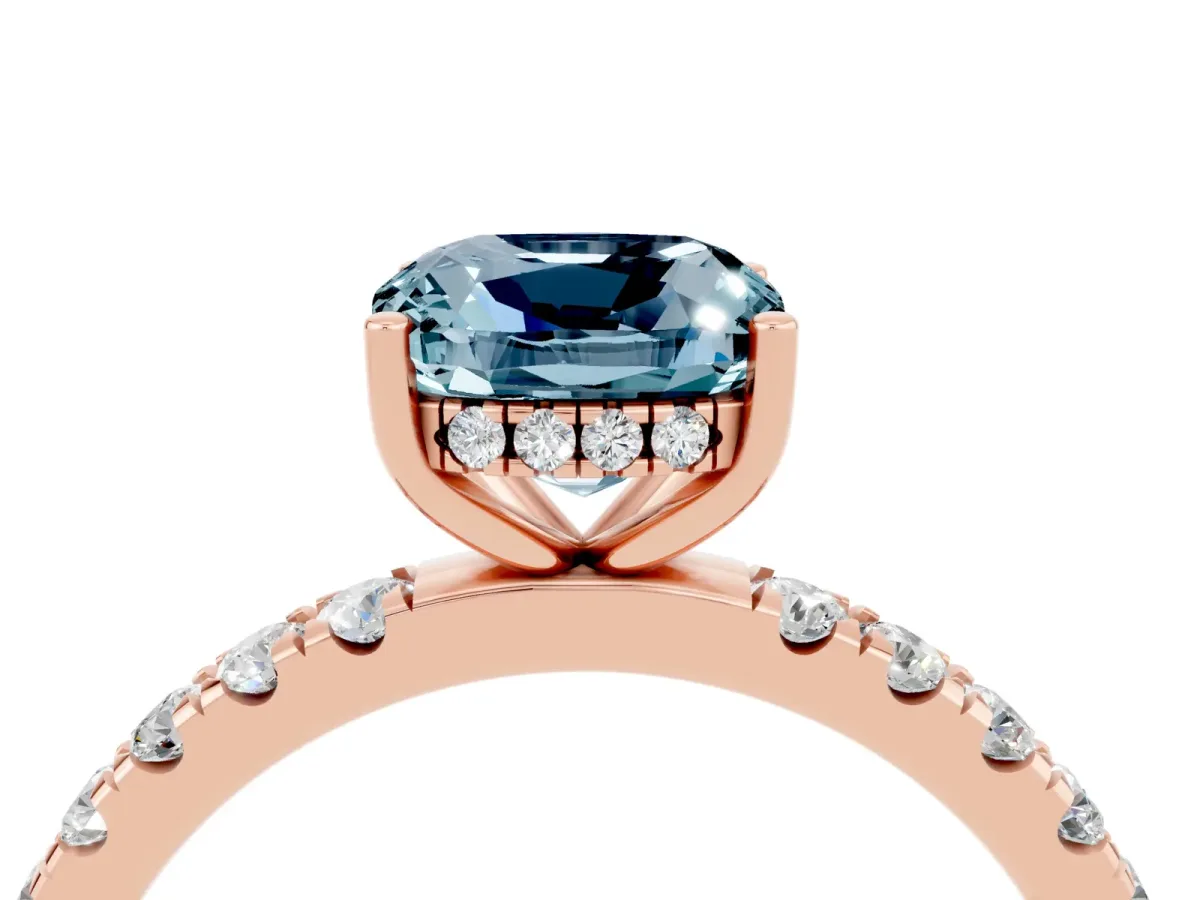 Cushion Cut Aquamarine Pave Band Solitaire Ring with Round and Prong Setting Rose gold