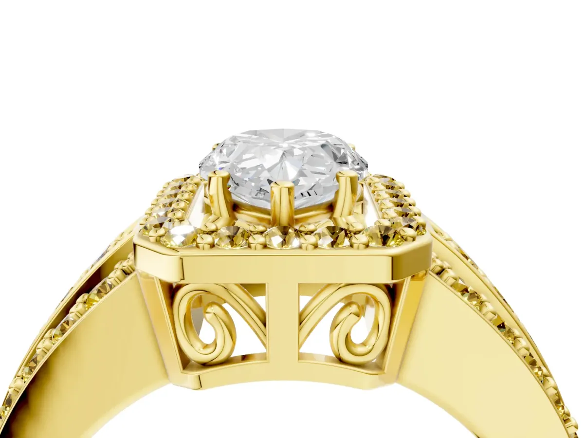 Pear Cut Halo Diamond Ring with Round Yellow Sapphire Split Shank and Prong Setting Yellow gold