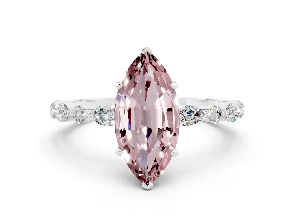 Marquise Cut Morganite Ring with Marquise and Round Side Stones and Four-Prong Setting Silver