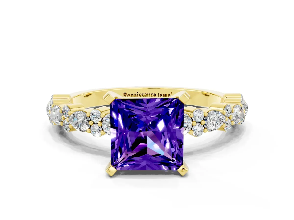 Princess Cut Tanzanite Side Stone Solitaire Ring with Round and Four-Prong Setting Yellow gold
