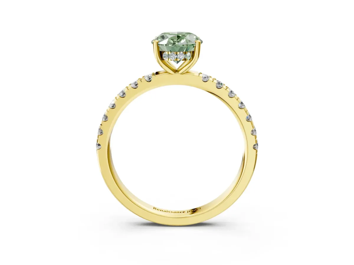 Fancy Green Oval Cut Diamond Pave Band Solitaire Ring with Round and Prong Setting Yellow gold