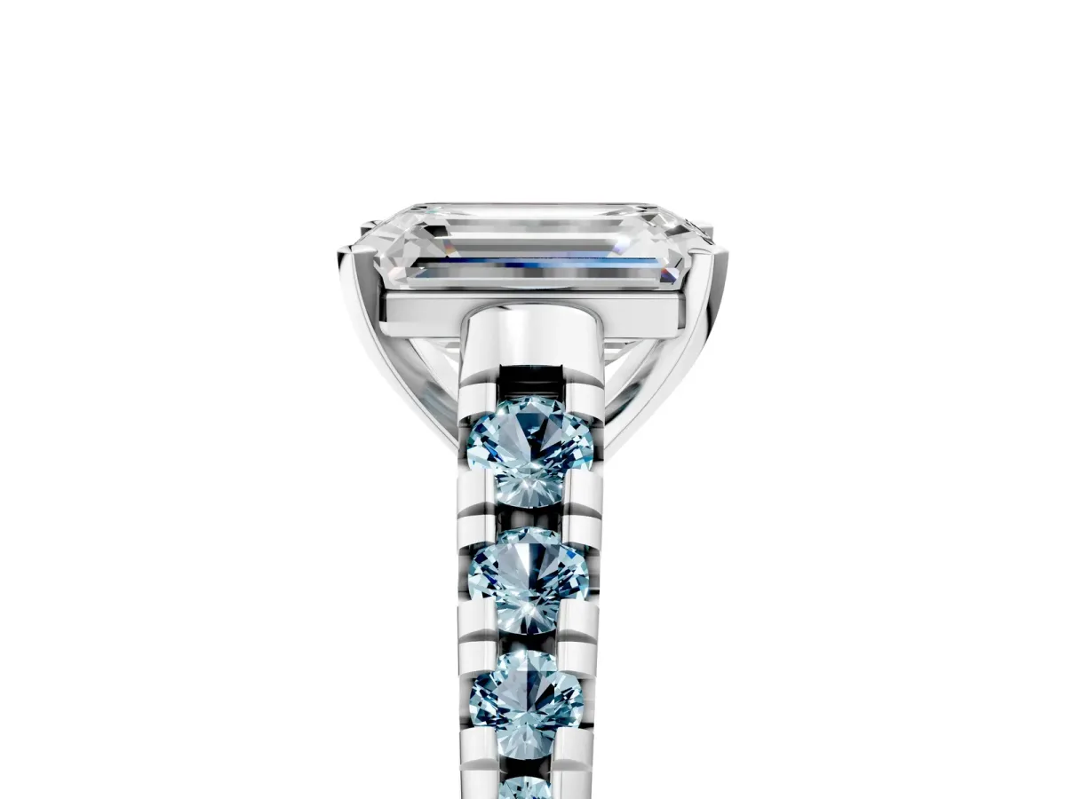 Emerald Cut Diamond Cathedral Solitaire Ring with Round Aquamarine Pavé Band Silver