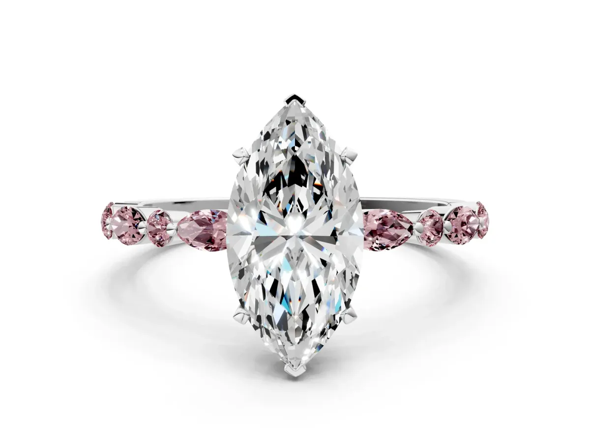 Marquise Cut Diamond Ring with Marquise and Round Morganite Side Stones and Four-Prong Setting Silver