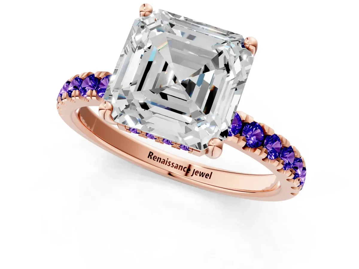 Asscher Cut Diamond Pave Band Solitaire Ring with Round Tanzanite and Prong Setting Rose gold