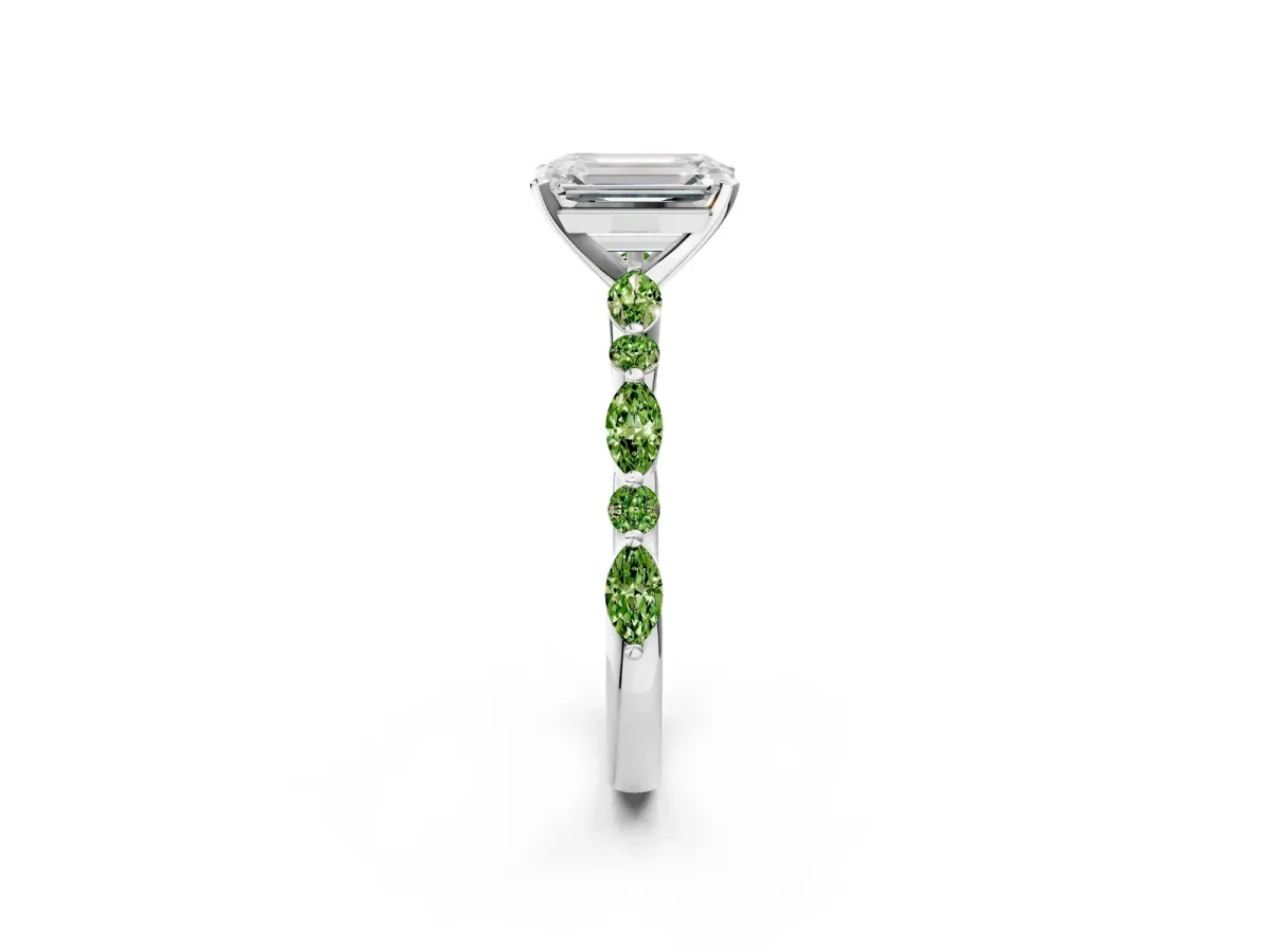 Emerald Cut Diamond Ring with Marquise and Round Peridot Side Stones and Four-Prong Setting White gold