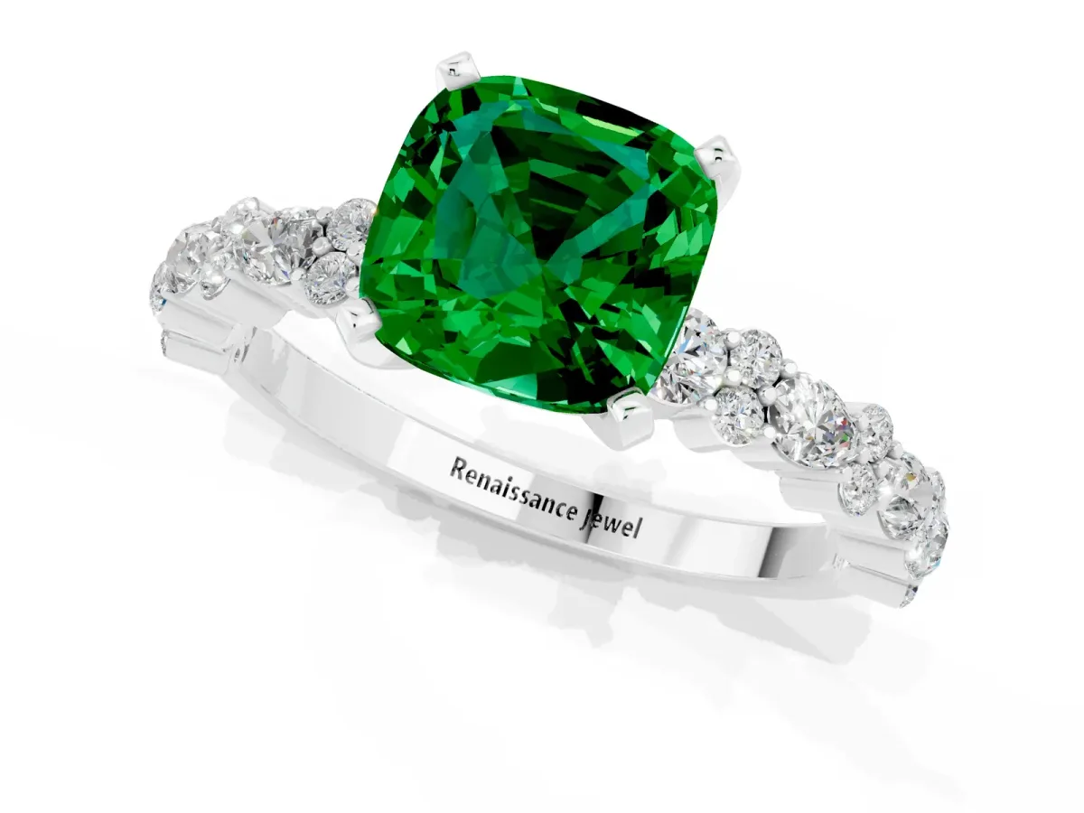 Cushion Cut Emerald Side Stone Solitaire Ring with Round and Four-Prong Setting White gold