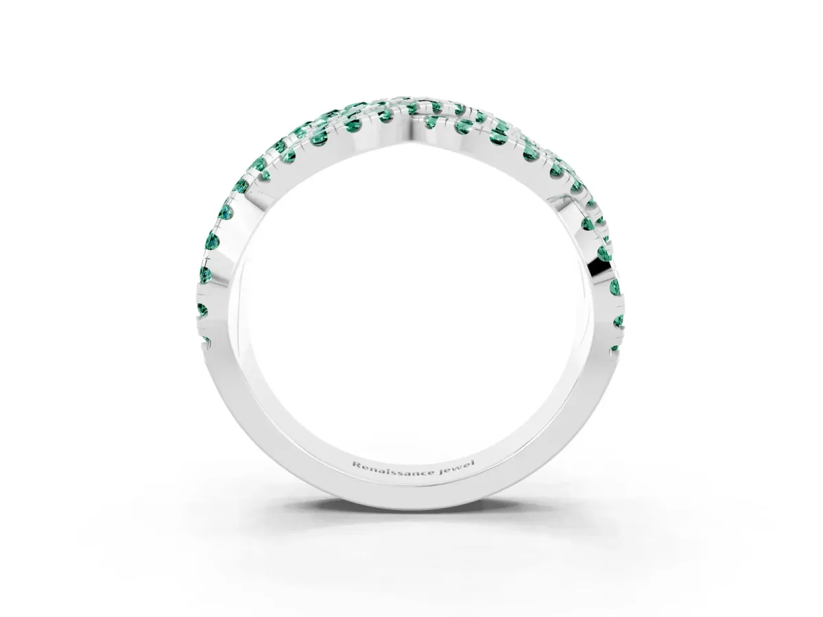 Pavé Round Green Sapphire Infinity Twist Band with Shared Prong Setting Silver