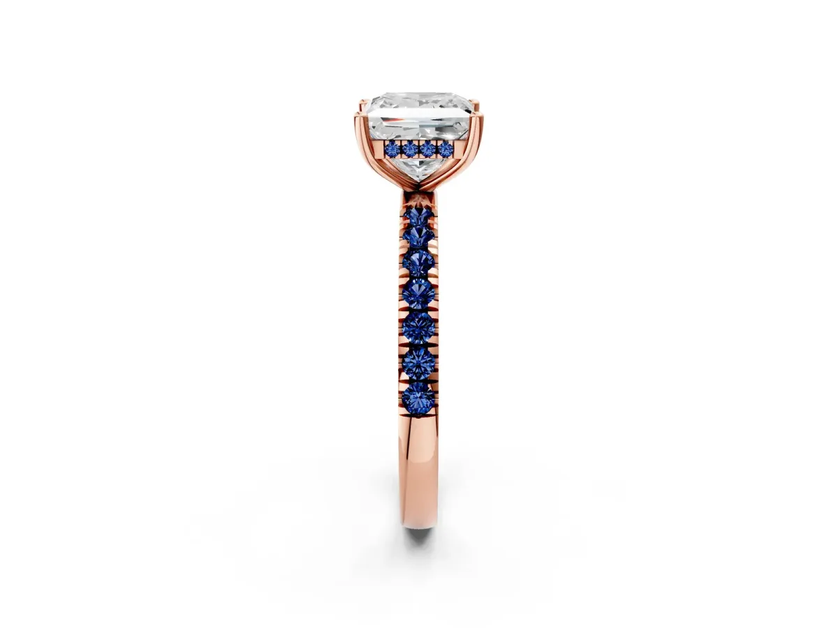 Princess Cut Diamond Pave Band Solitaire Ring with Round Blue Sapphire and Prong Setting Rose gold