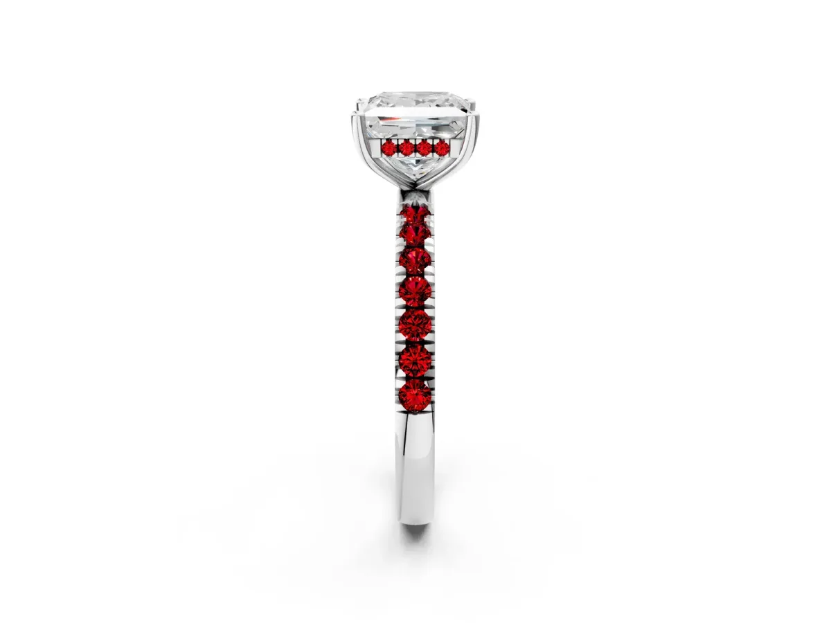 Princess Cut Diamond Pave Band Solitaire Ring with Round Ruby and Prong Setting White gold