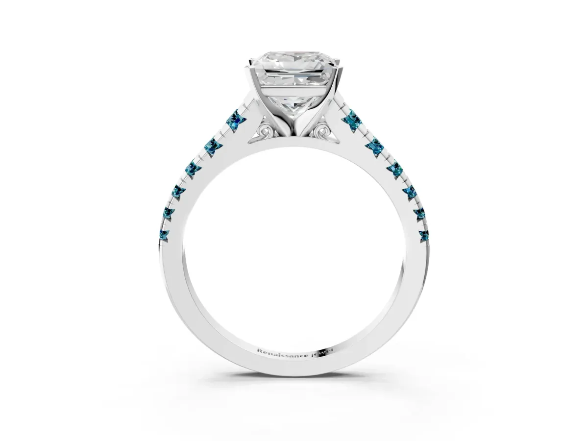 Princess Cut Diamond Cathedral Solitaire Ring with Round Blue Topaz Pavé Band Silver