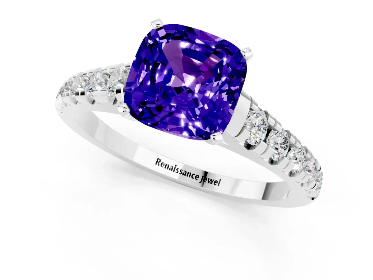 Cushion Cut Tanzanite Cathedral Solitaire Ring with Round Pavé Band Platinum