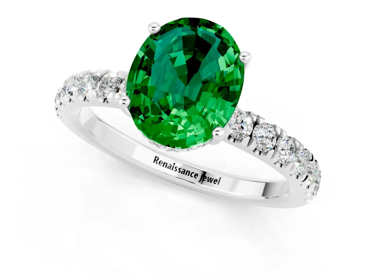 Oval Cut Emerald Pave Band Solitaire Ring with Round and Prong Setting Silver