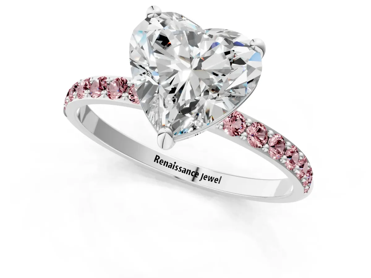 Heart Cut Diamond Solitaire Ring with Round Morganite Pavé Band and Prong Setting Platinum
