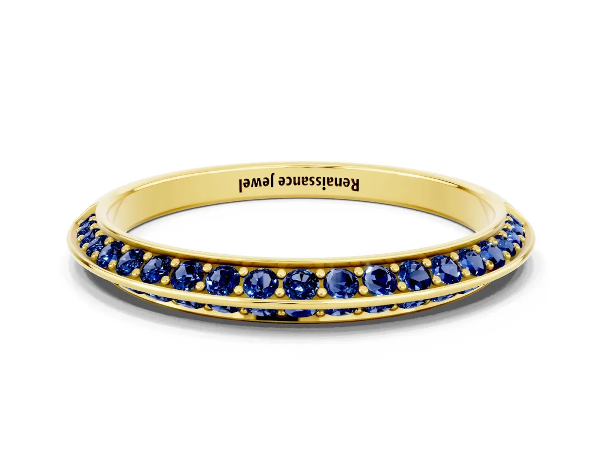 Double Row Pavé Round Blue Sapphire Eternity Band with Channel Setting Yellow gold