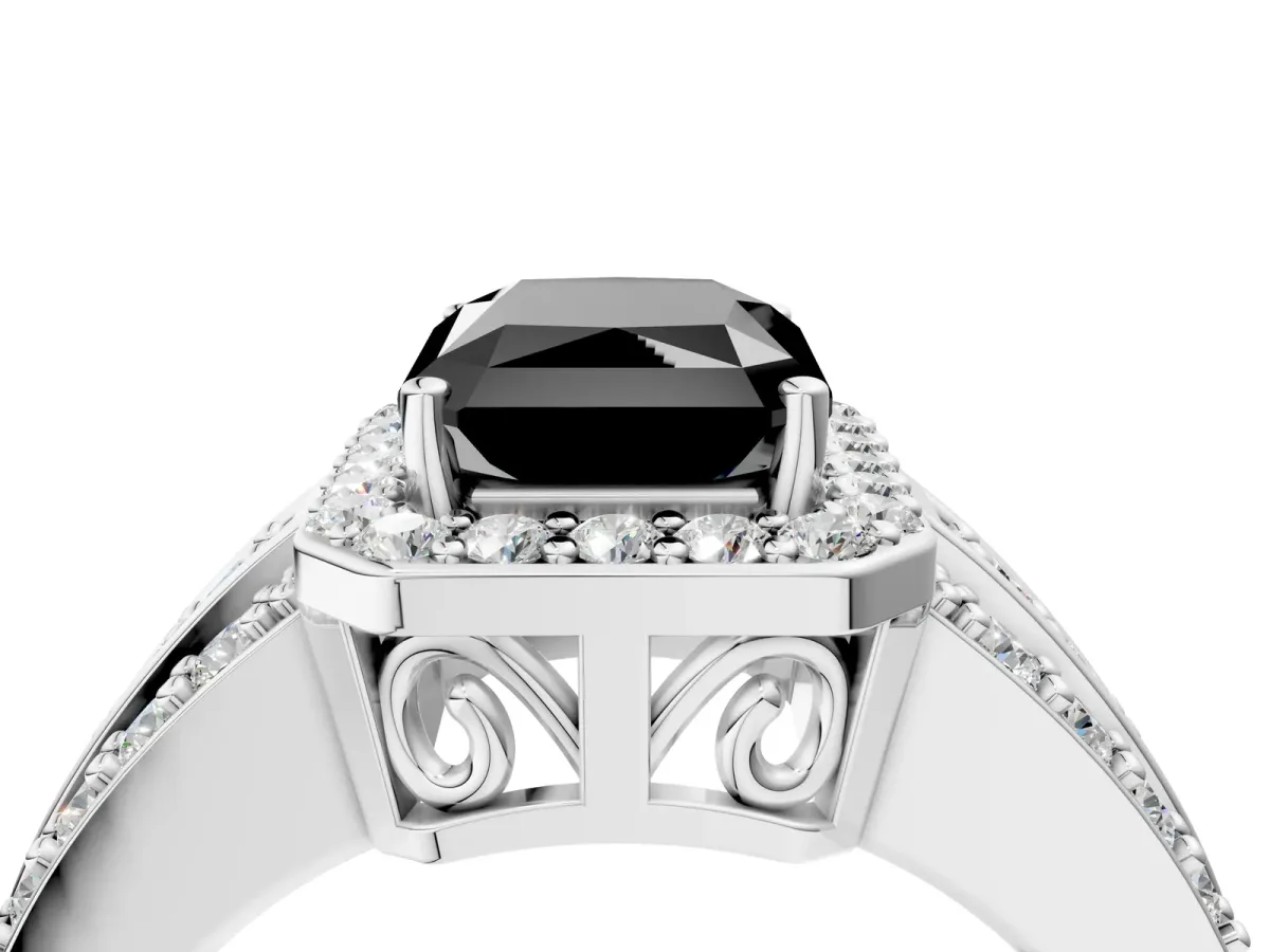 Fancy Black Radiant Cut Halo Diamond Ring with Round Split Shank and Prong Setting Platinum