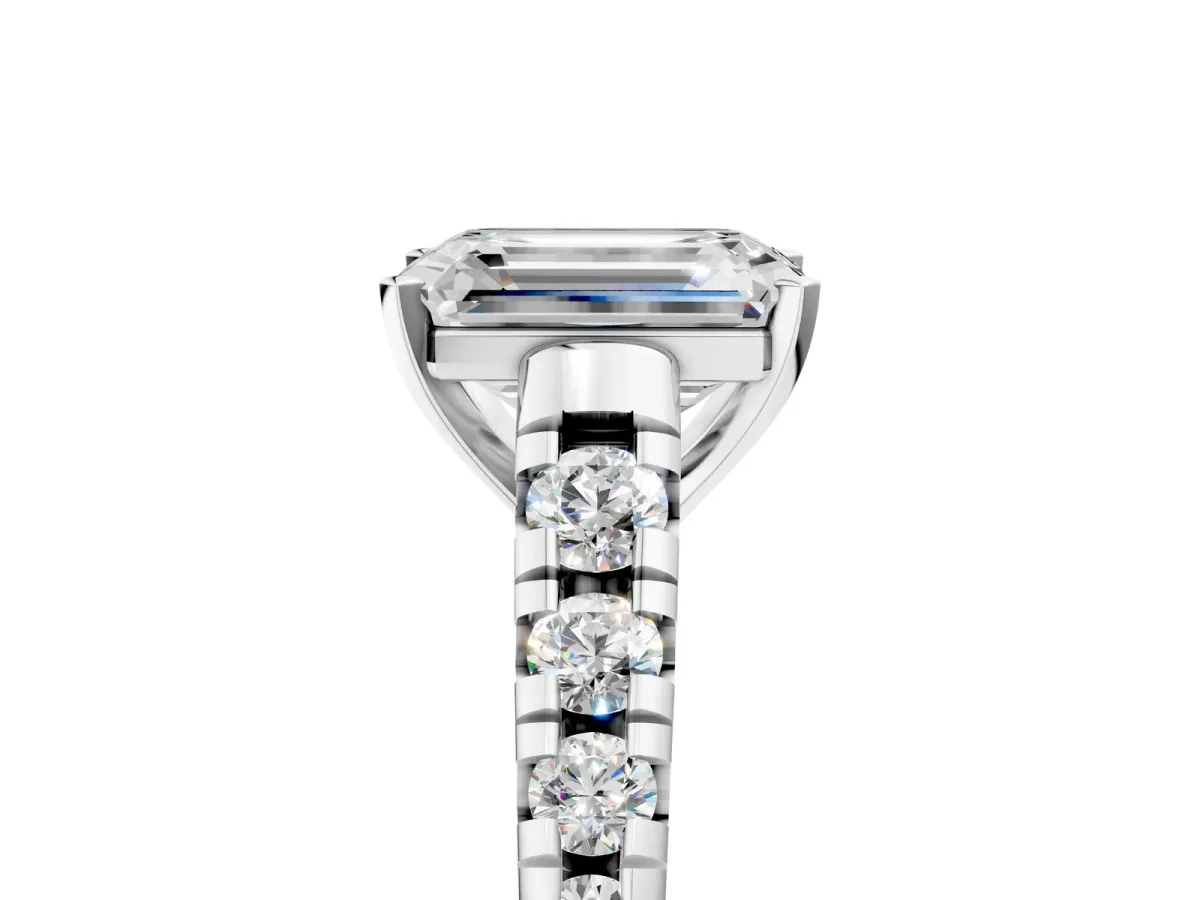 Emerald Cut Diamond Cathedral Solitaire Ring with Round Pavé Band Silver