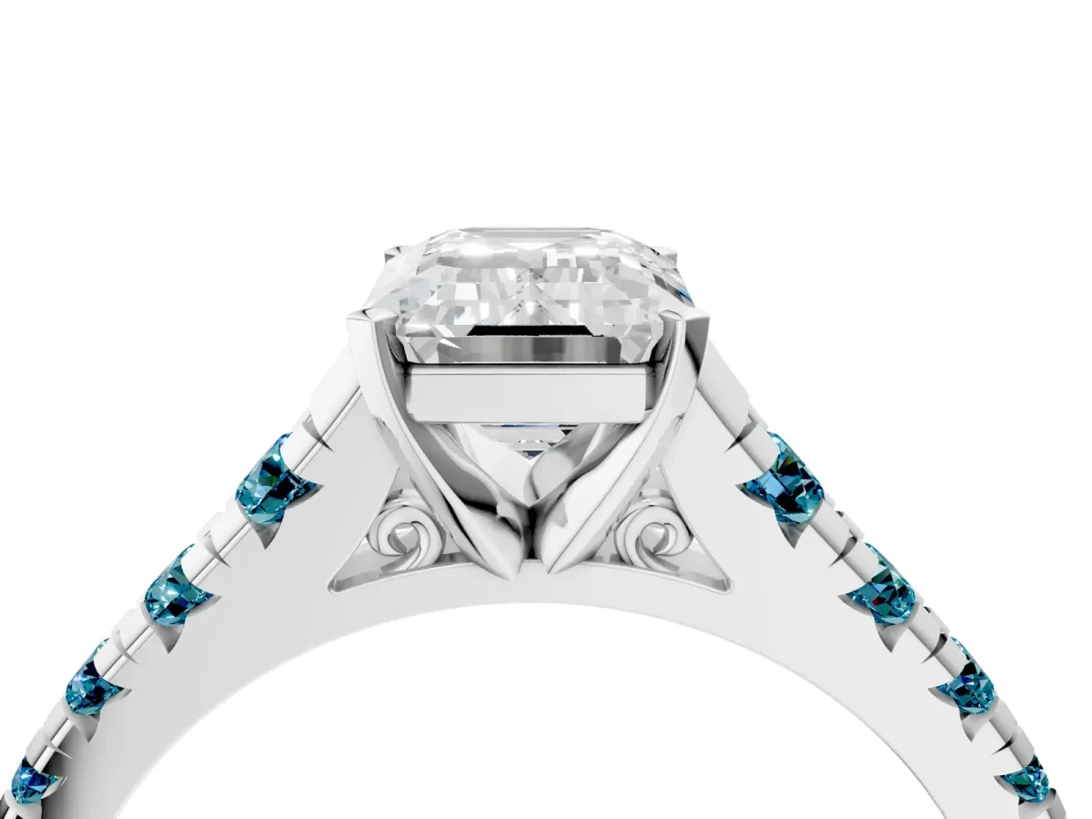 Emerald Cut Diamond Cathedral Solitaire Ring with Round Blue Topaz Pavé Band Platinum