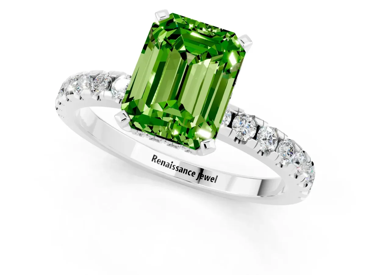 Emerald Cut Peridot Solitaire Ring with Round Pavé Band and Four-Prong Setting Platinum
