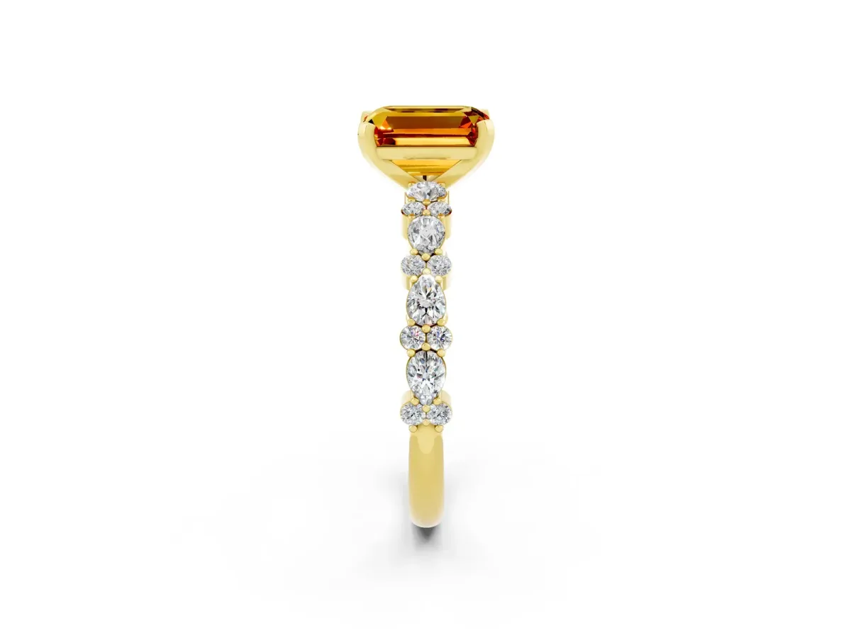 Emerald Cut Citrine Side Stone Solitaire Ring with Round and Four-Prong Setting Yellow gold