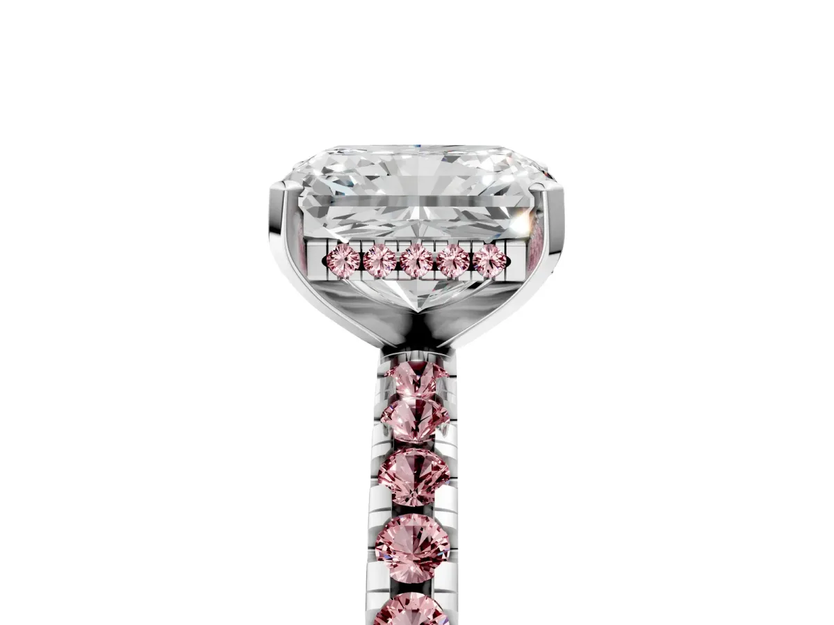 Radiant Cut Diamond Solitaire Ring with Round Morganite Pavé Band and Four-Prong Setting Silver