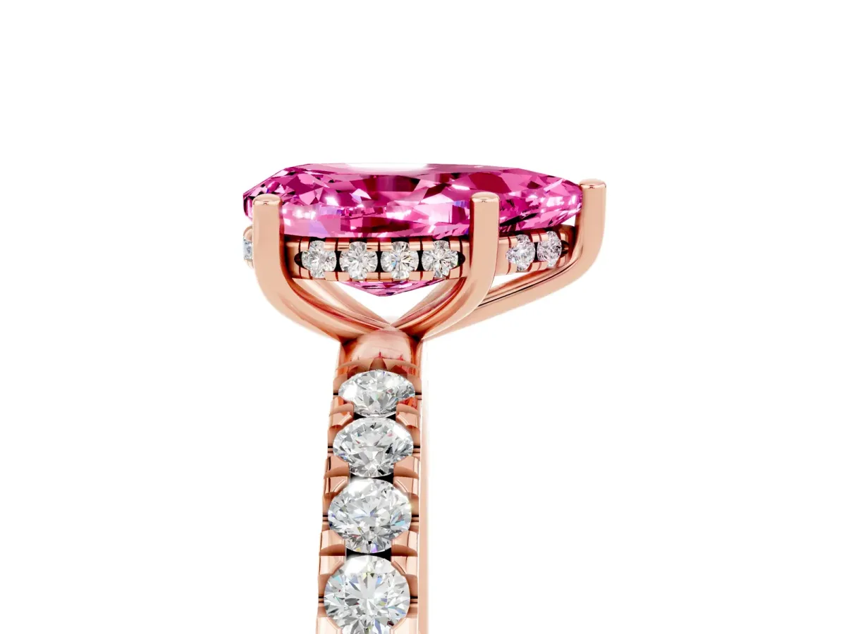 Pear Cut Pink Sapphire Pave Band Solitaire Ring with Round and Prong Setting Rose gold