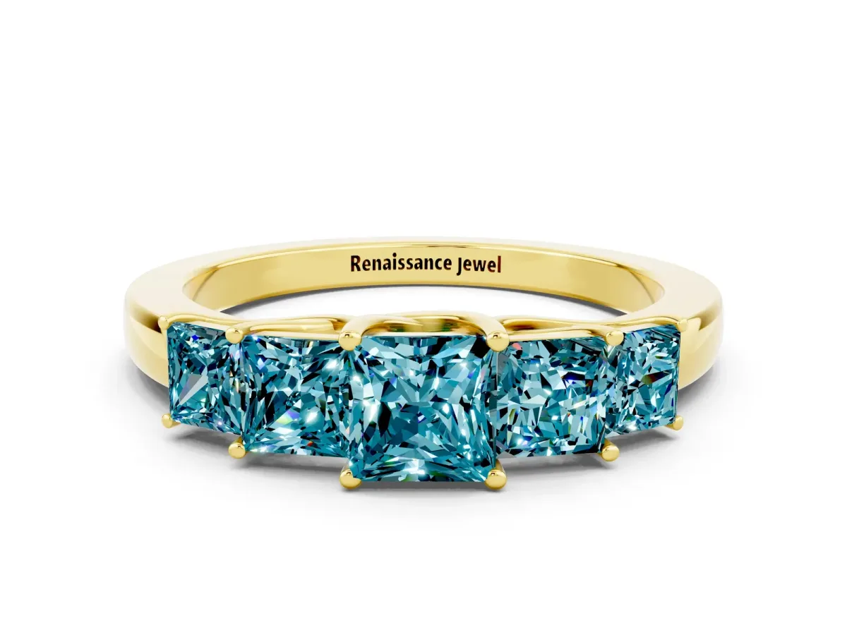 Princess Cut Five-Stone Blue Topaz Ring with Classic Prong Setting Yellow gold