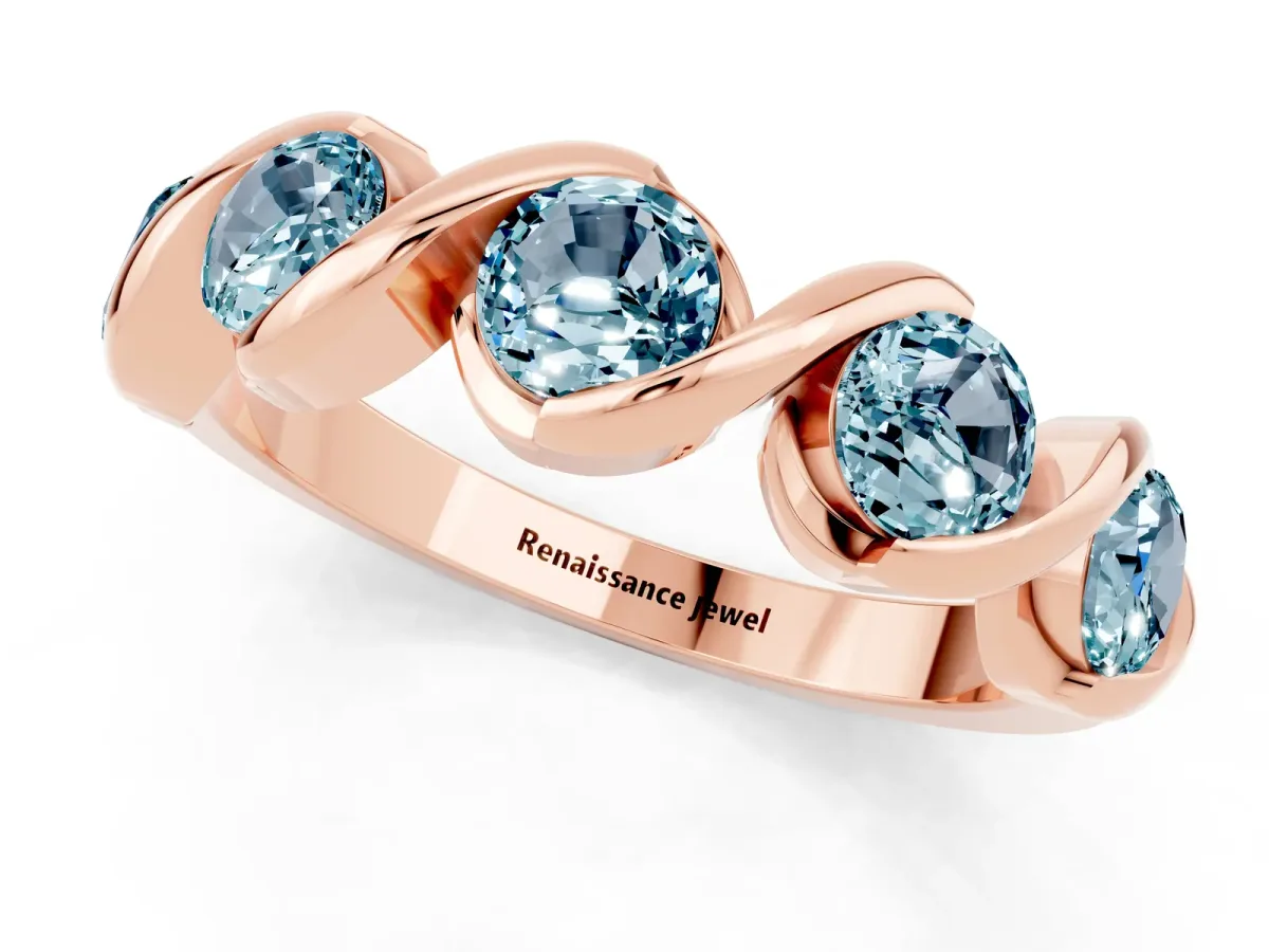 Round Aquamarine Wave Band with Channel Setting and Shared Prongs Rose gold