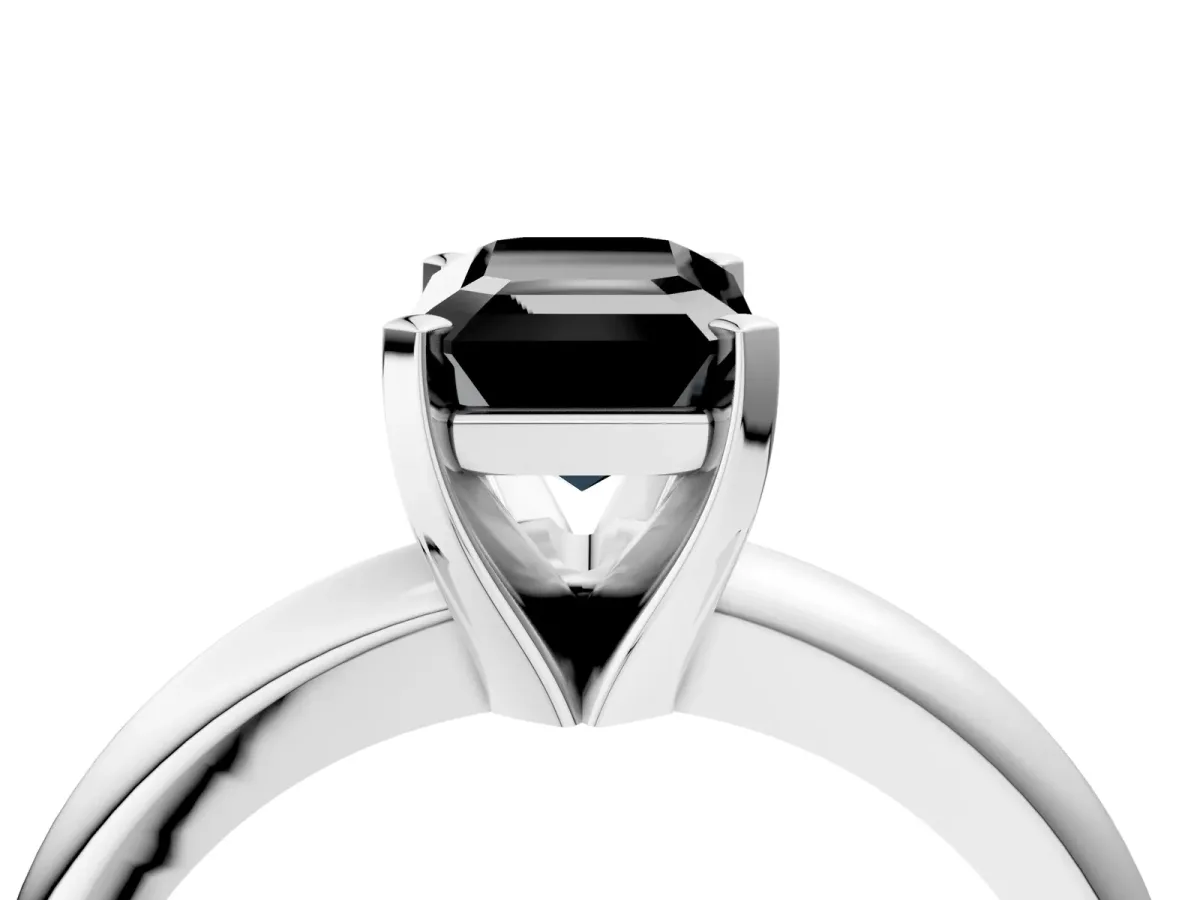 Fancy Black Emerald Cut Diamond Solitaire Engagement Ring with Round Band and Four-Prong Setting White gold
