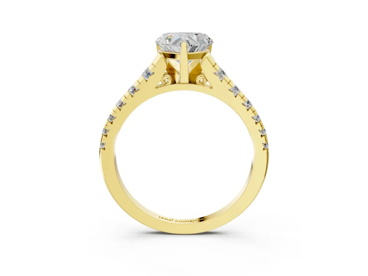 Heart Cut Diamond Cathedral Solitaire Ring with Round Pavé Band Yellow gold