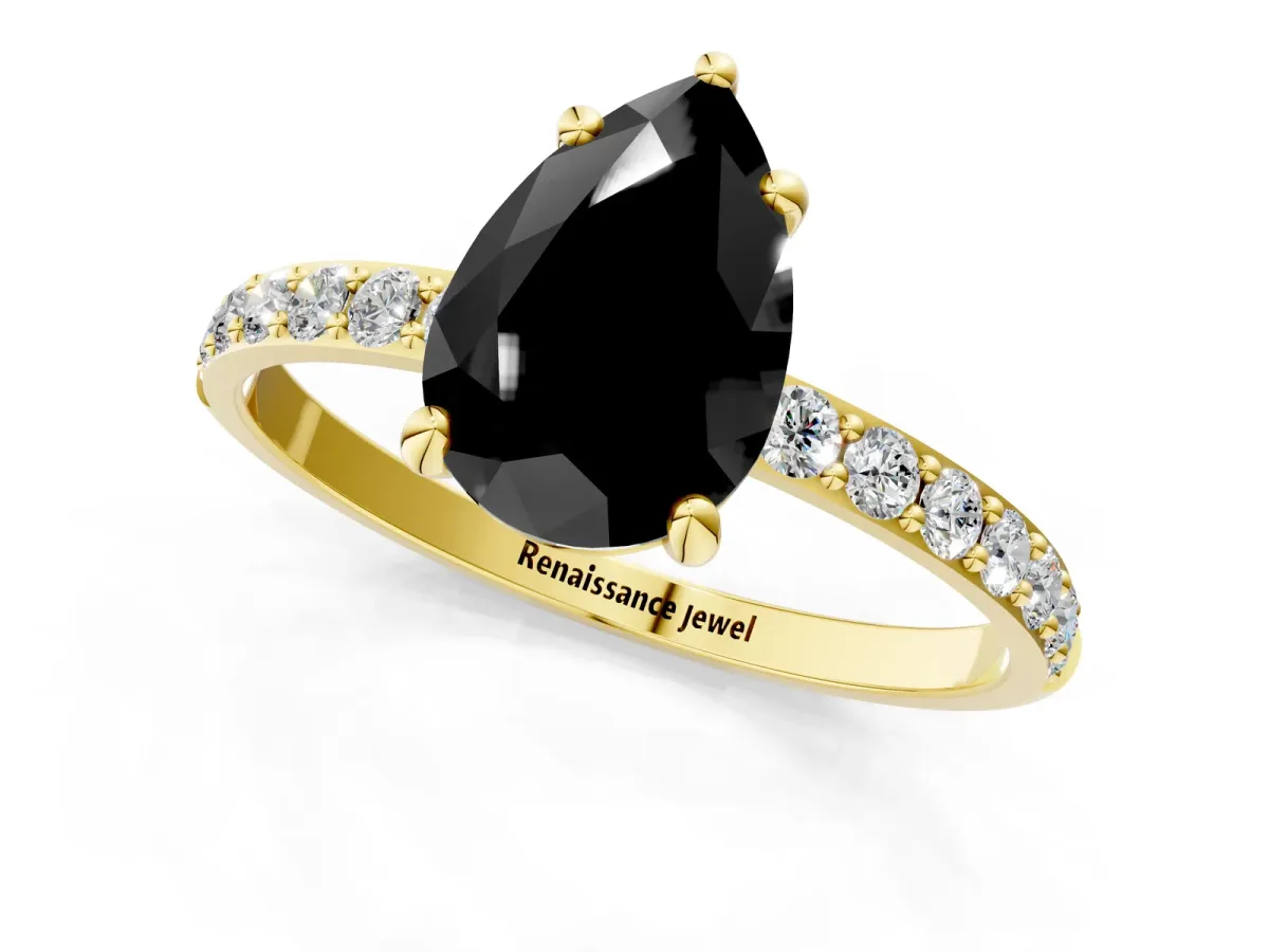 Fancy Black Pear Cut Diamond Solitaire Ring with Round Pavé Band and Prong Setting Yellow gold