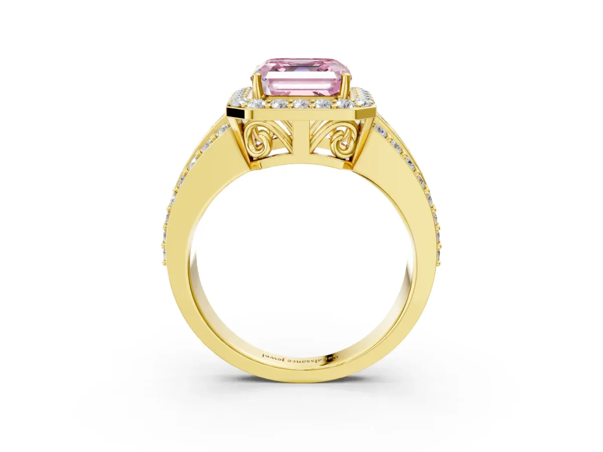 Fancy Pink Asscher Cut Halo Diamond Ring with Round Split Shank and Prong Setting Yellow gold