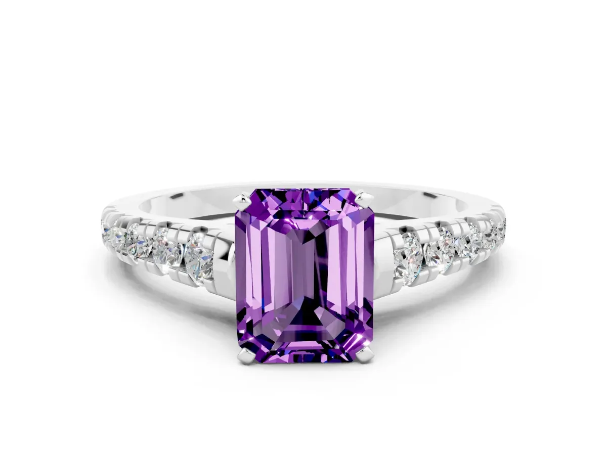 Emerald Cut Amethyst Cathedral Solitaire Ring with Round Pavé Band Silver