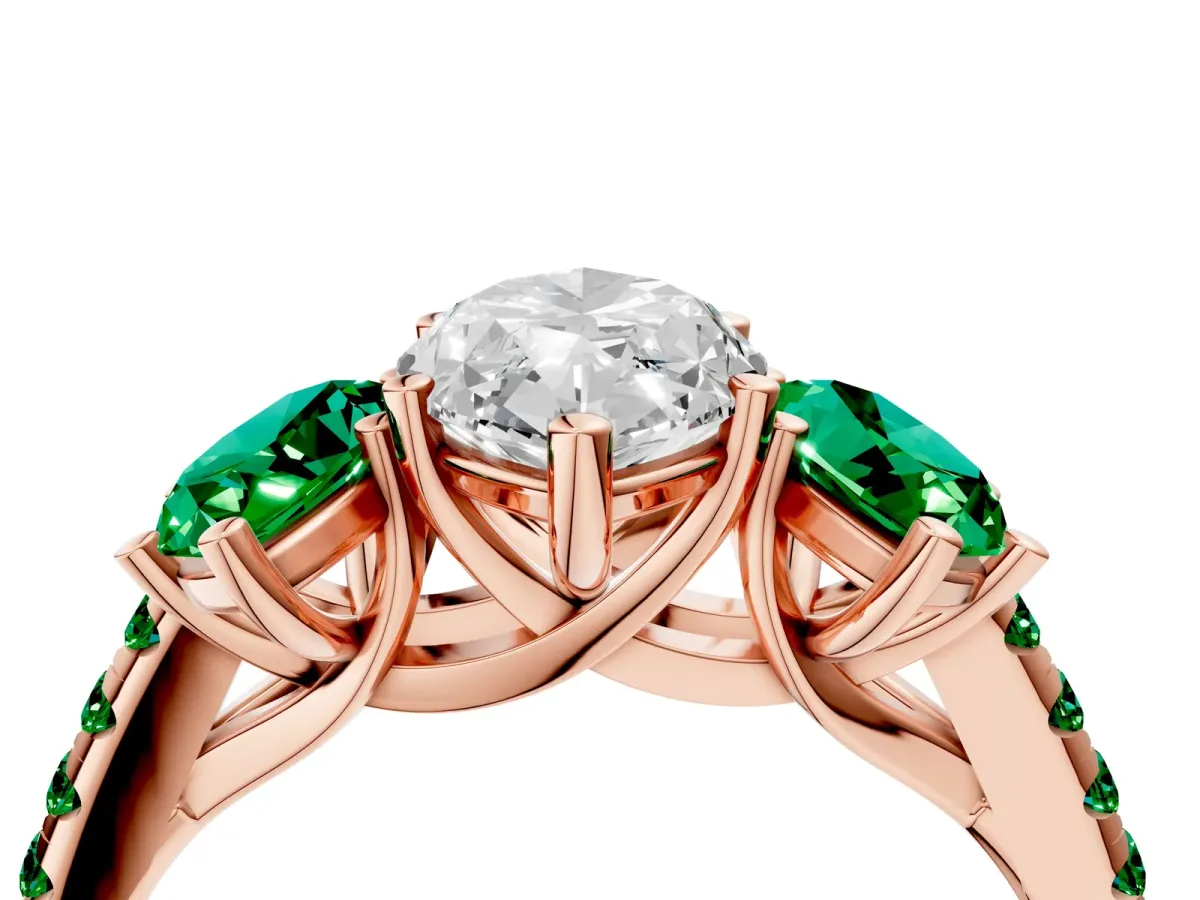 Three-Stone Marquise Cut Diamond Ring with Round Emerald Pavé Band and Prong Setting Rose gold
