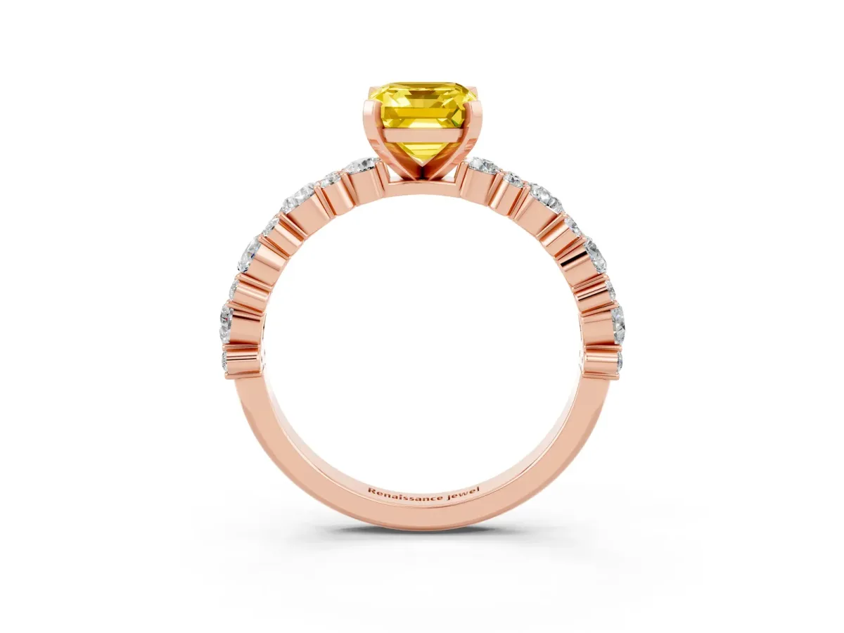 Emerald Cut Yellow Sapphire Side Stone Solitaire Ring with Round and Four-Prong Setting Rose gold