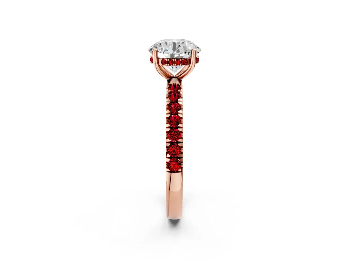 Round Cut Diamond Pave Band Solitaire Ring with Round Ruby and Prong Setting Rose gold