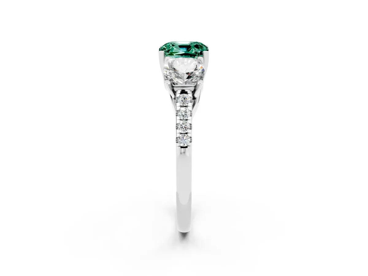 Three-Stone Cushion Cut Green Sapphire Ring with Round Pavé Band and Prong Setting Silver