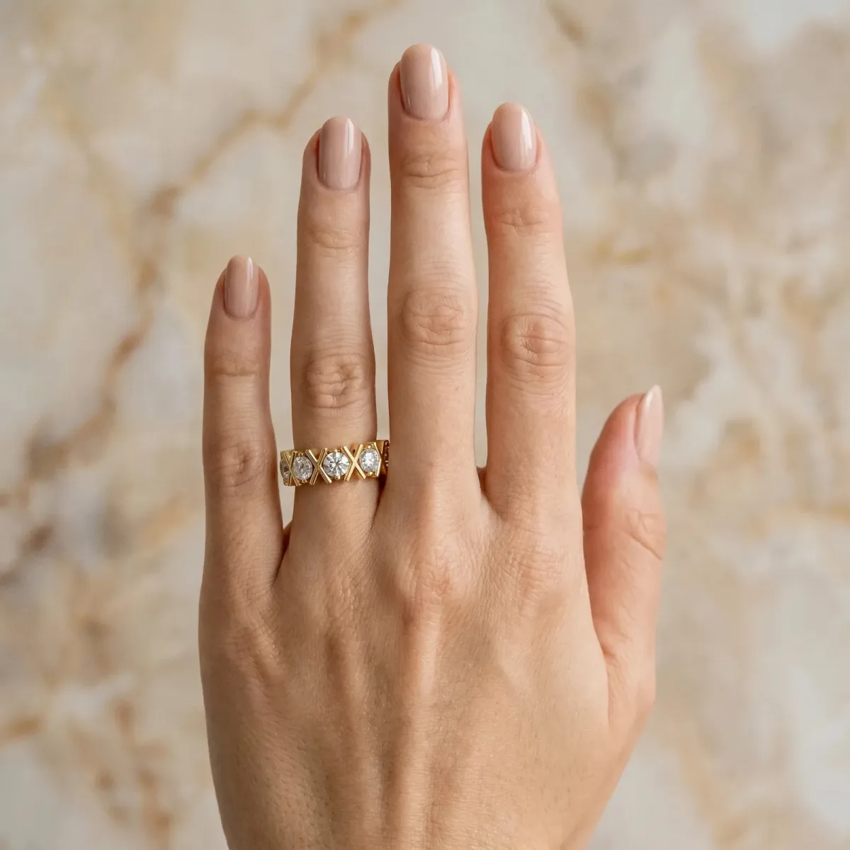 Round Diamond Channel Set Band with X-Prong Detail Yellow gold