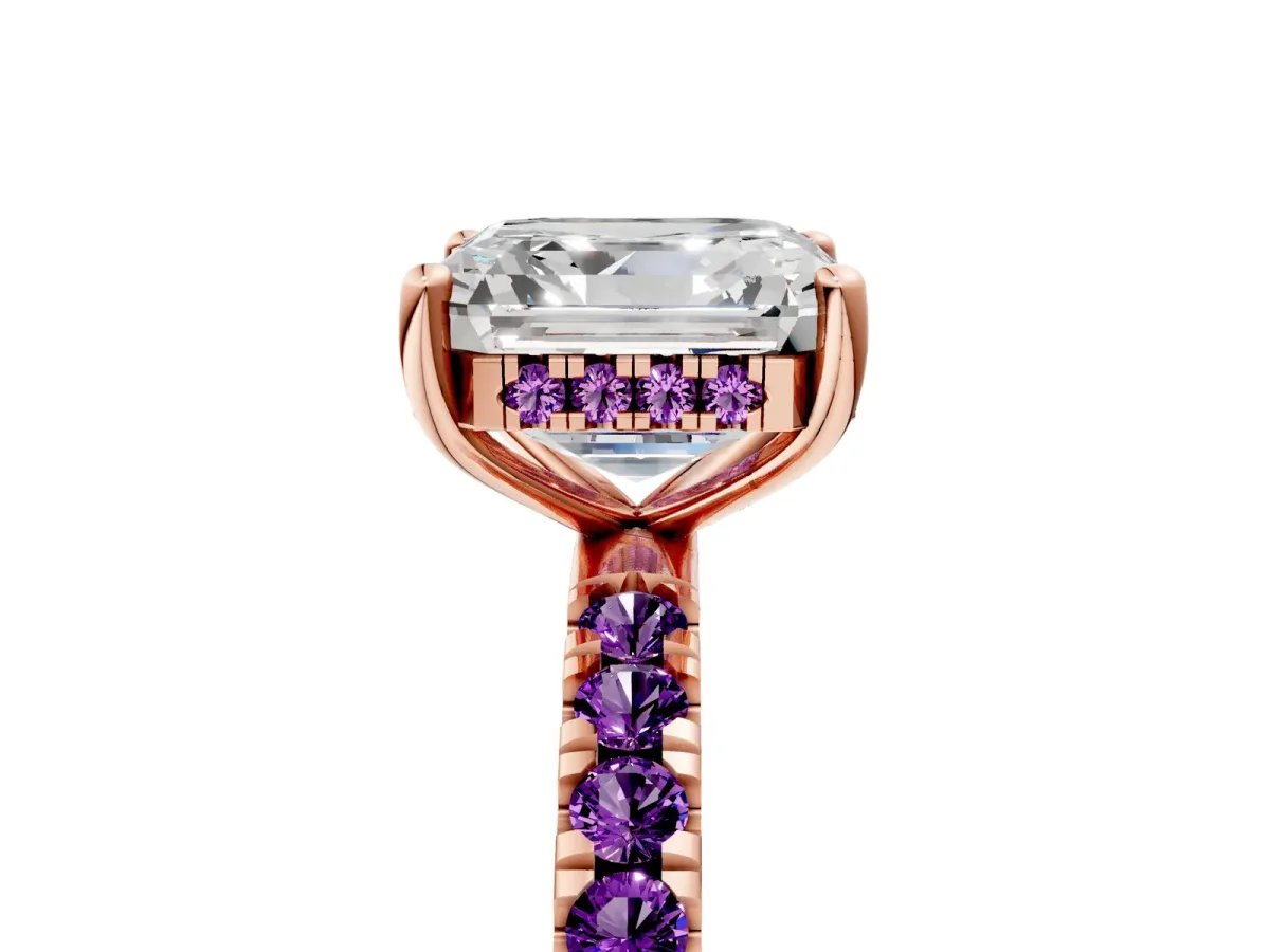 Asscher Cut Diamond Pave Band Solitaire Ring with Round Amethyst and Prong Setting Rose gold