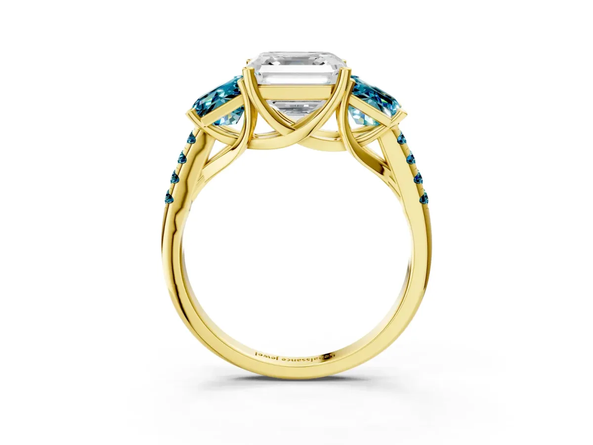 Three-Stone Asscher Cut Diamond Ring with Round Blue Topaz Pavé Band and Prong Setting Yellow gold
