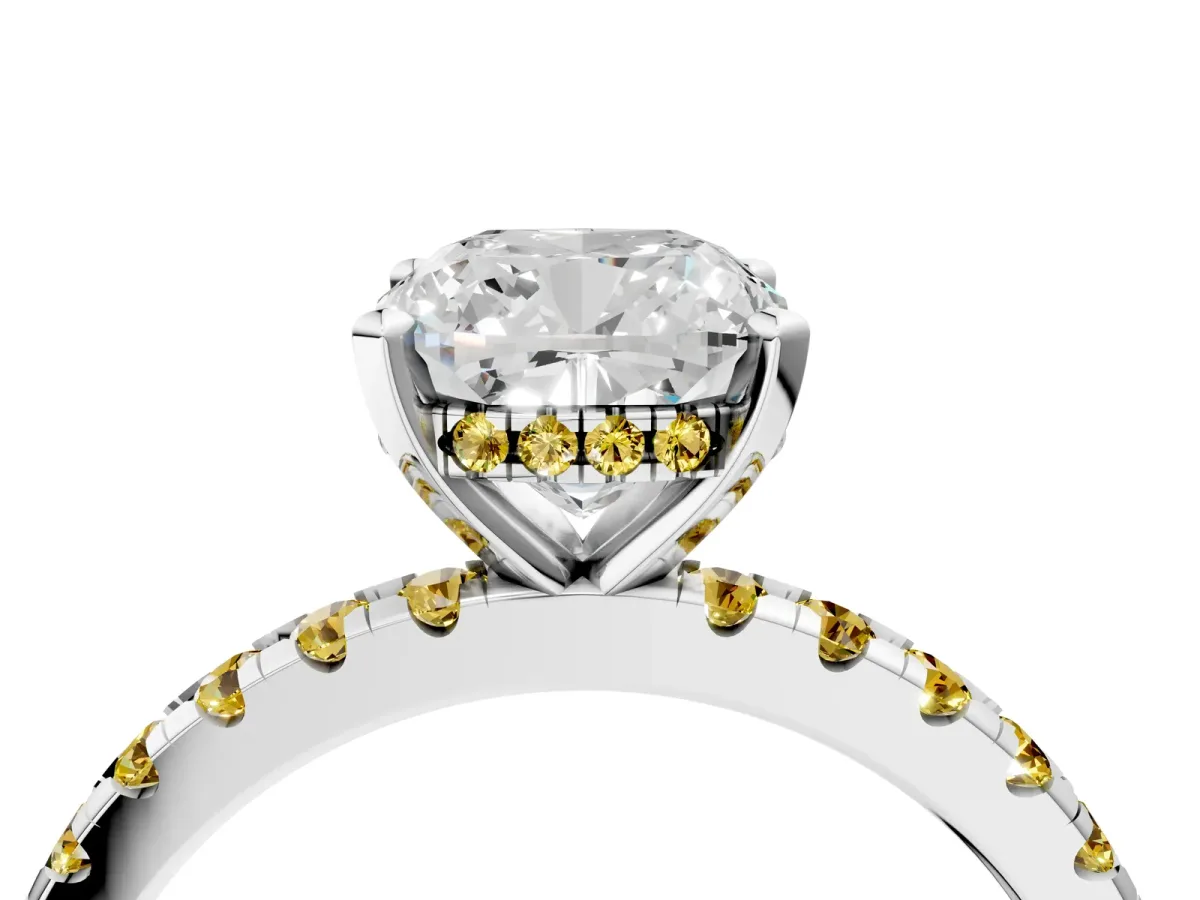 Cushion Cut Diamond Solitaire Ring with Round Yellow Sapphire Pavé Band and Four-Prong Setting Silver