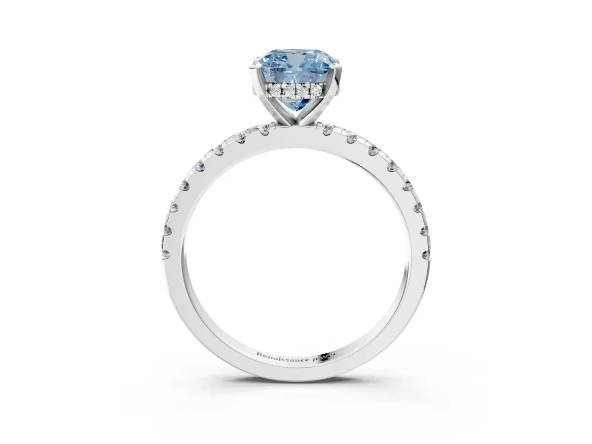 Fancy Blue Cushion Cut Diamond Solitaire Ring with Round Pavé Band and Four-Prong Setting Silver